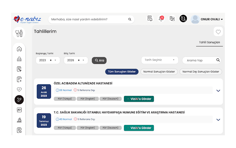 e-Nabız Tahlillerim page with ViziAI'a Gönder buttons